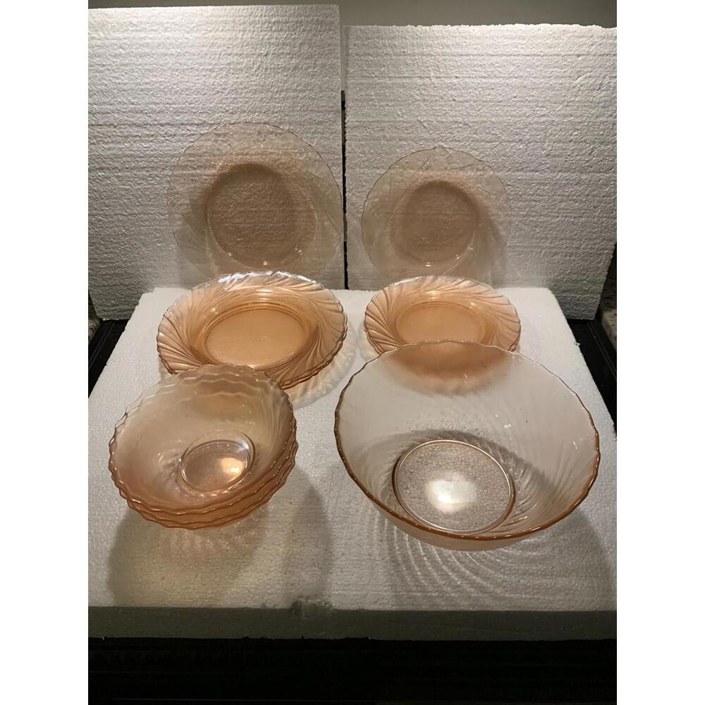 Vintage Arcoroc France Rosaline Pink Swirl Bowls Dessert Serving Set